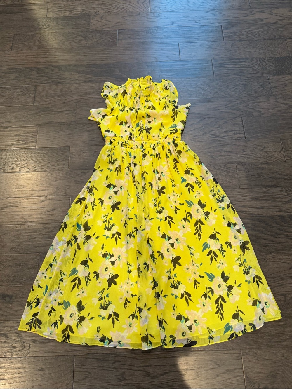 Ann Taylor Factory Bright Yellow Maxi Floral Ruffle Neck Sundress size MP